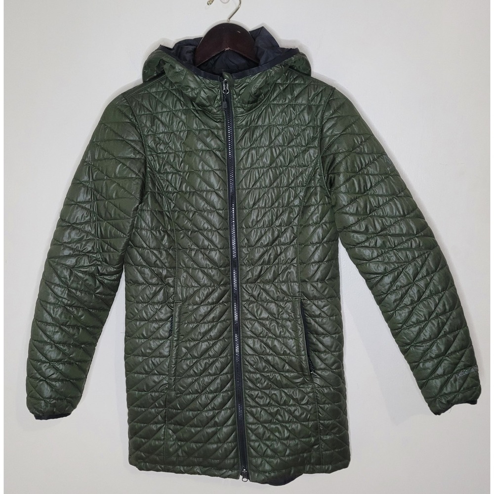 Eddie Bauer Women Travex‎ Puffer Coat Jacket XS Black/Olive Reversible Hooded